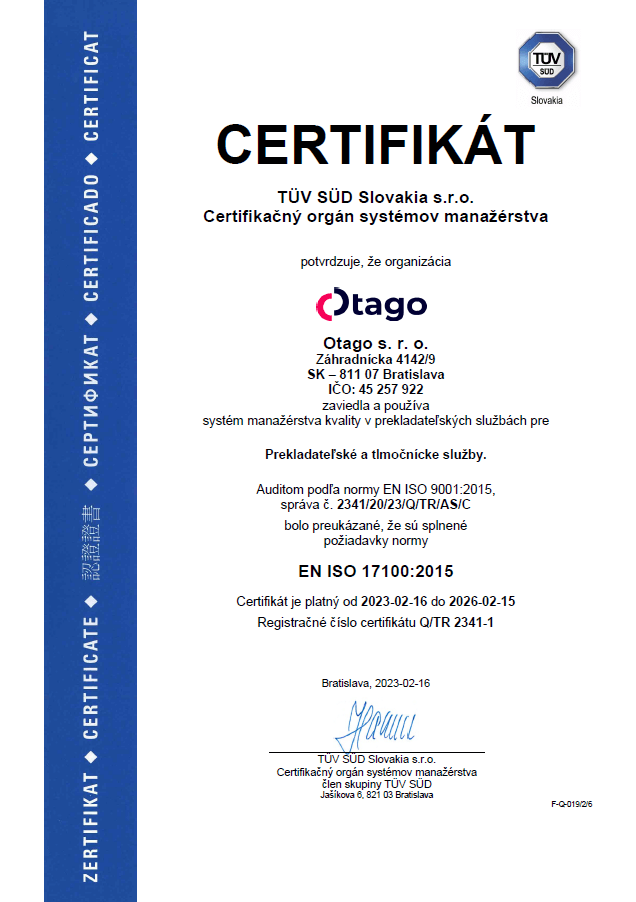 Otago ISO 17100 certifikát spol. Otago