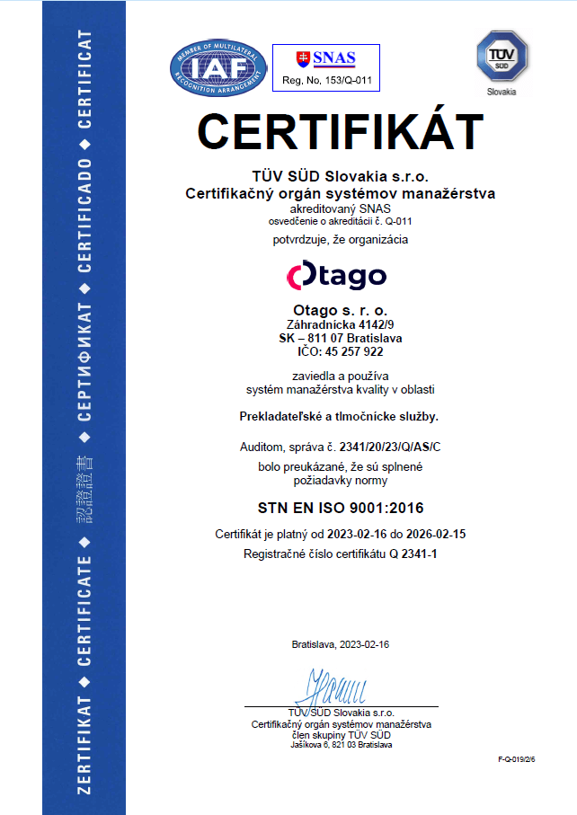 Otago ISO 9001 certifikát spol. Otago