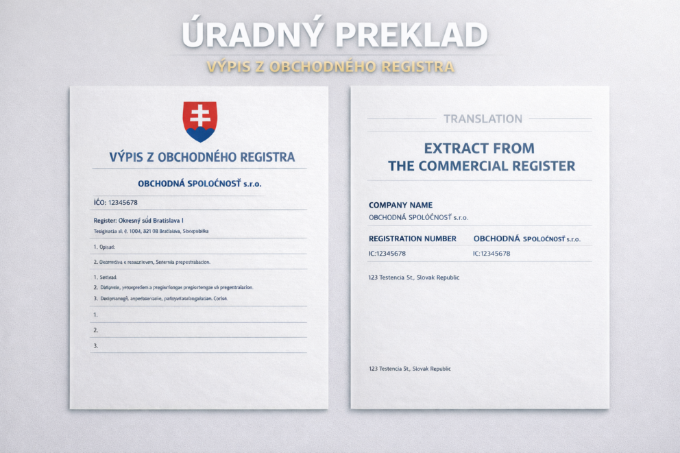 Two A4 pages placed side by side on a light background: a Slovak extract from the Commercial Register and its English translation titled “Translation – Extract from the Commercial Register”.