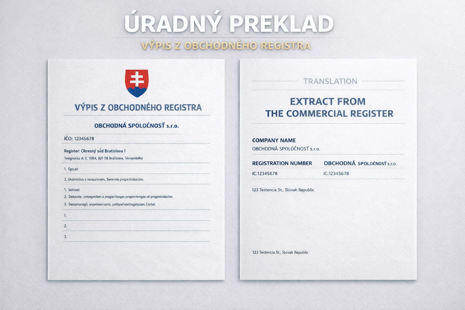 Two A4 pages placed side by side on a light background: a Slovak extract from the Commercial Register and its English translation titled “Translation – Extract from the Commercial Register”.